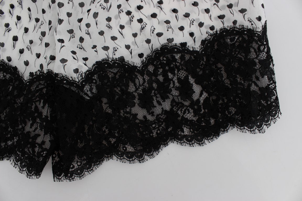 Dolce &amp; Gabbana Beyaz Siyah Çiçek Desenli Dantel İpek Gecelik Şort 
