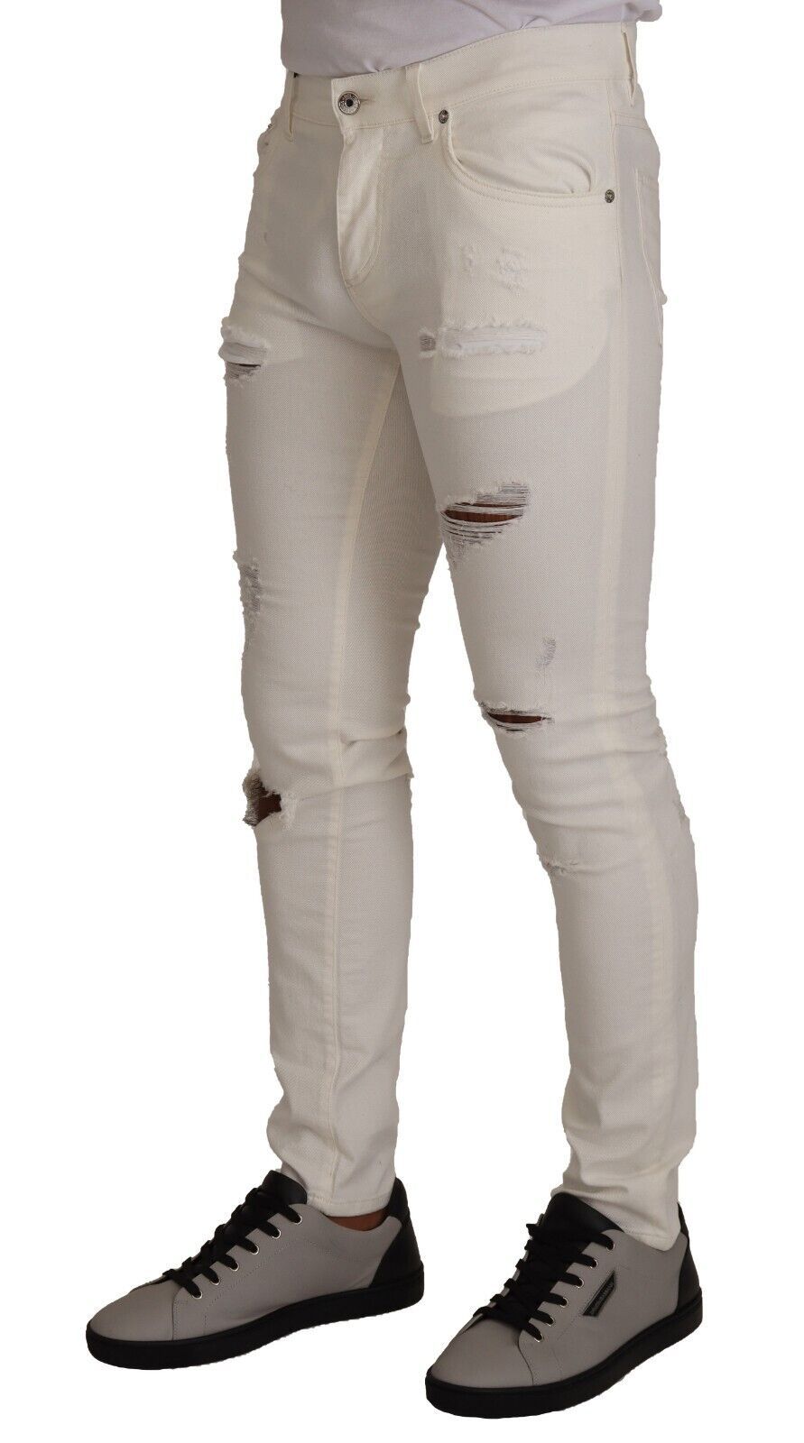Dolce &amp; Gabbana White Ripped Skinny Cotton Denim Jeans for Men