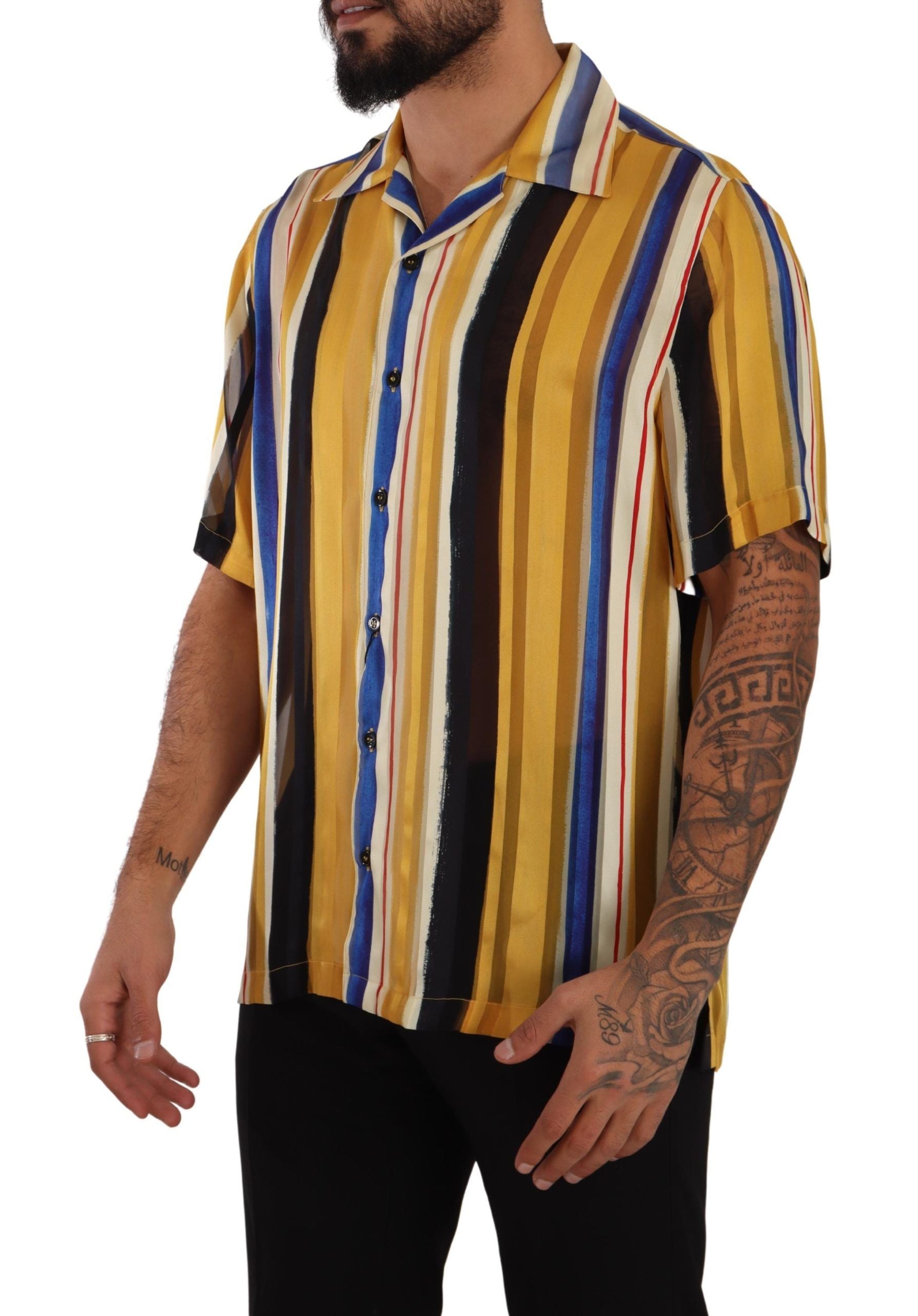 Dolce &amp; Gabbana yellow striped silk short-sleeved shirt