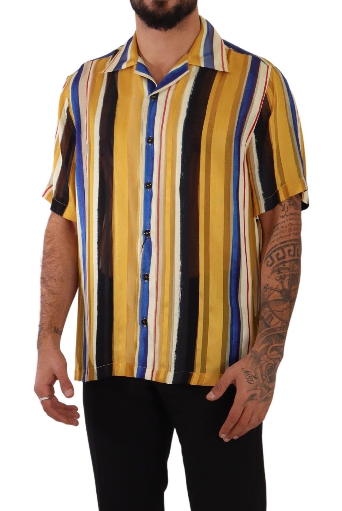 Dolce &amp; Gabbana yellow striped silk short-sleeved shirt