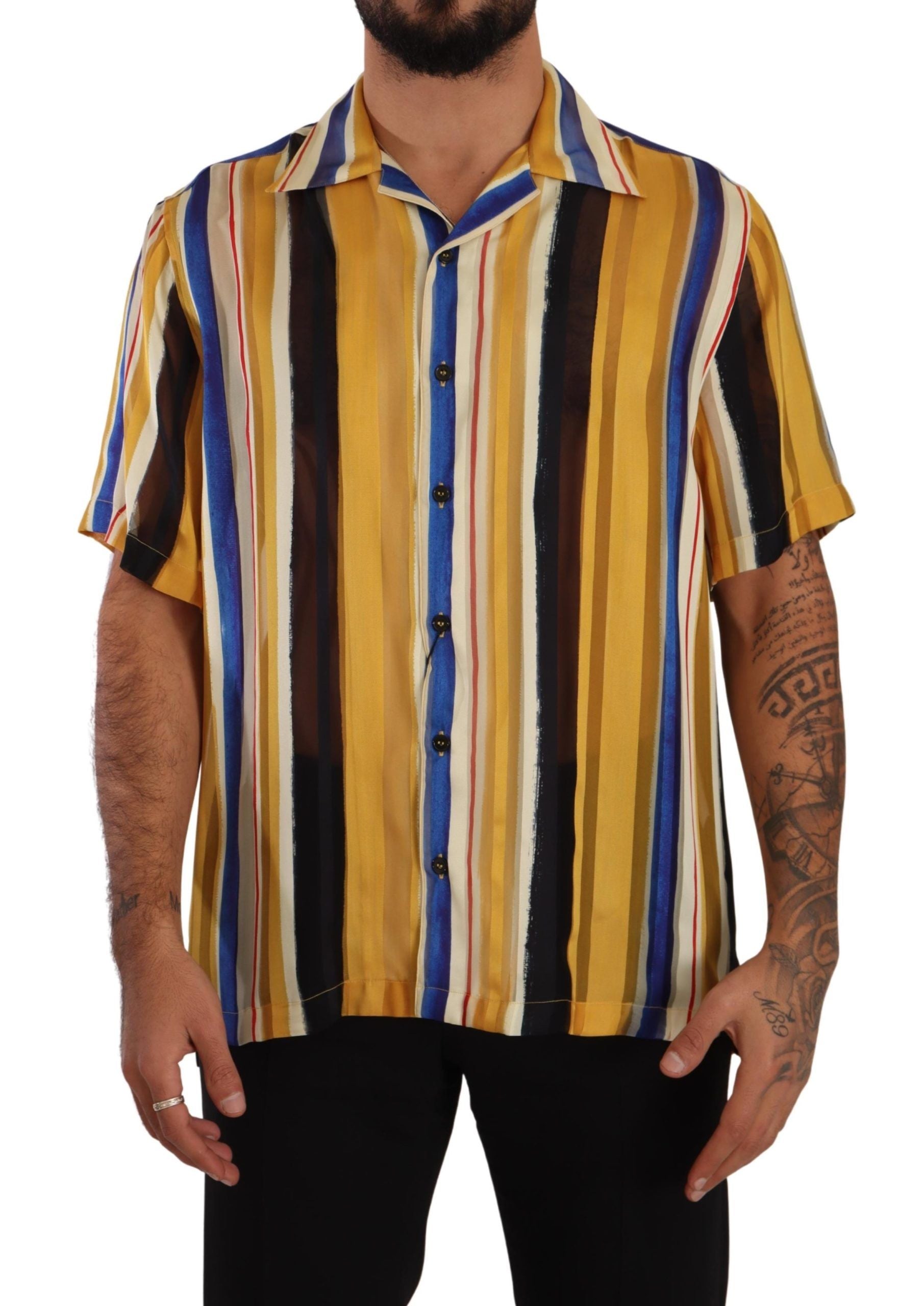 Dolce &amp; Gabbana yellow striped silk short-sleeved shirt