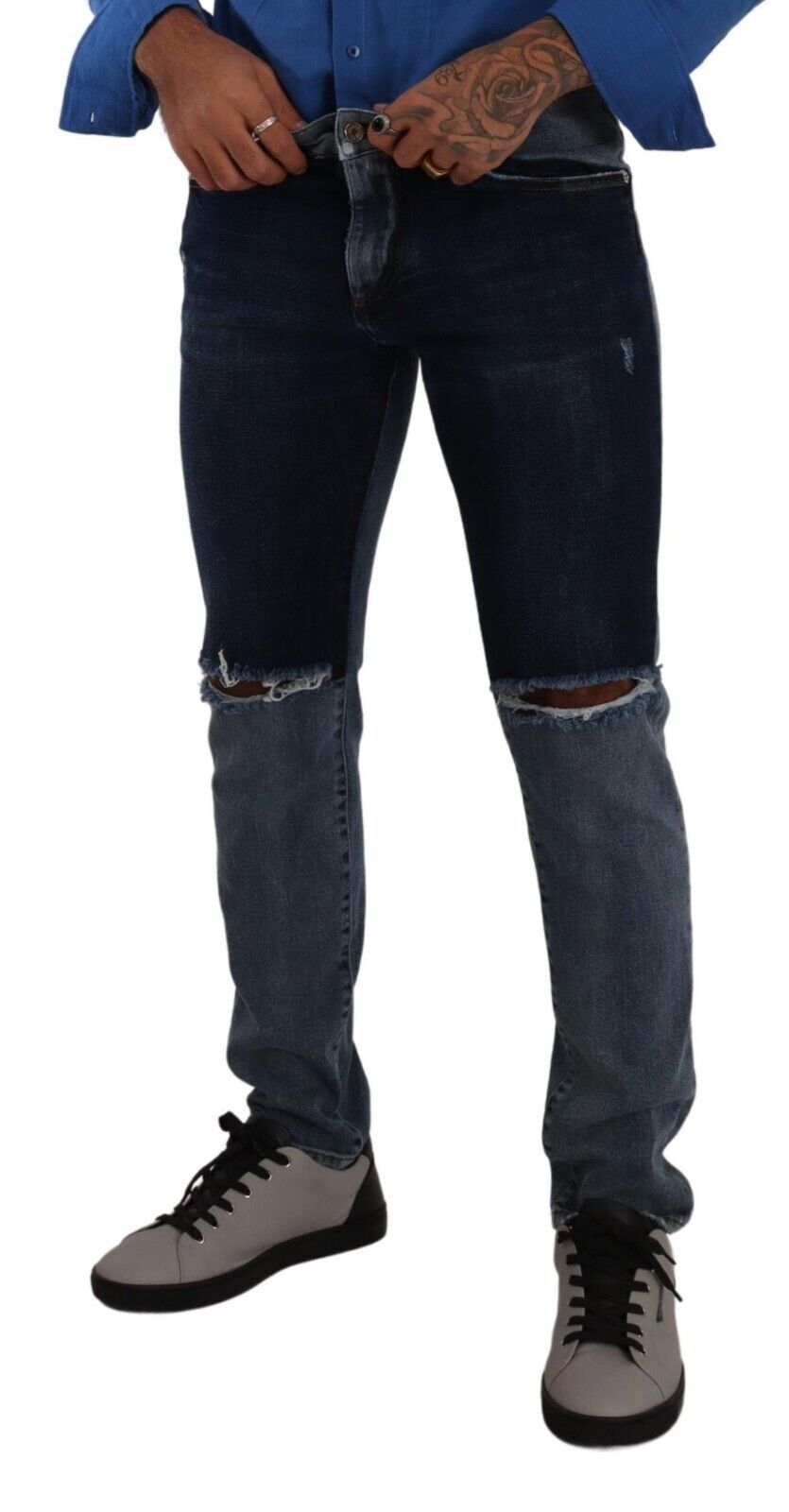 Dolce &amp; Gabbana Blue two-tone slim denim jeans in ripped cotton