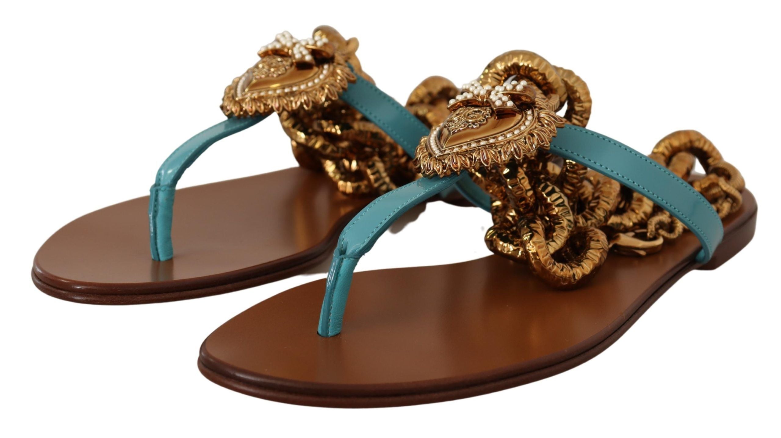 Dolce & Gabbana Blaue Leder Devotion Flats Sandalen