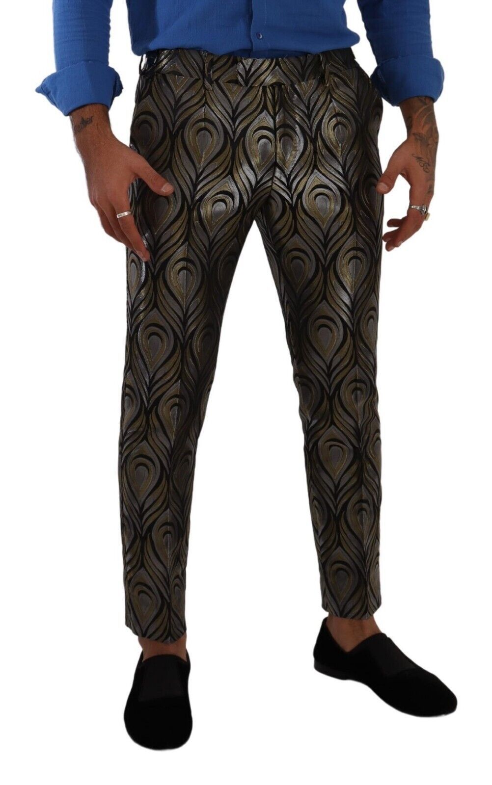 Dolce &amp; Gabbana Silver Gold Jacquard Men's Trousers Dress Pants