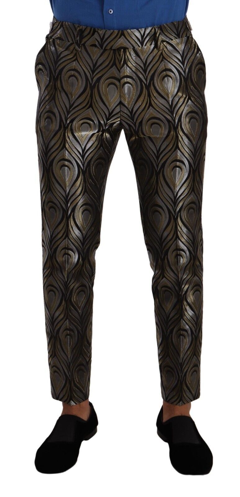Dolce &amp; Gabbana Silver Gold Jacquard Men's Trousers Dress Pants