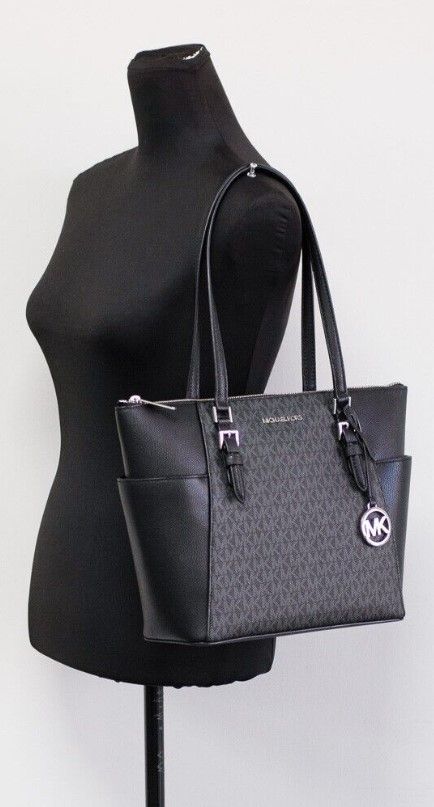 Michael Kors Charlotte Siyah PVC Deri Büyük Üst Fermuarlı Tote Çanta Çanta