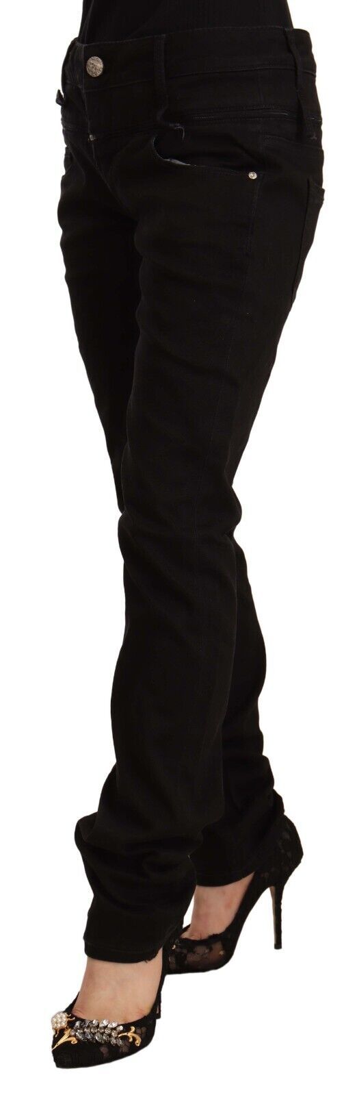 Düşük belli, pamuklu esnek denimden yapılmış sekiz siyah dar kot pantolon