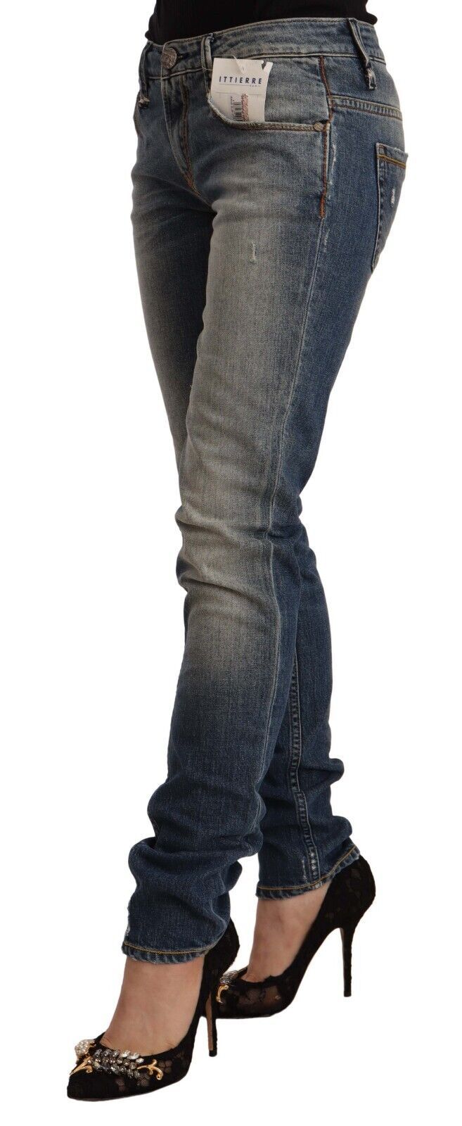 Yıkanmış pamuklu, orta bel sekiz mavi dar kot pantolon