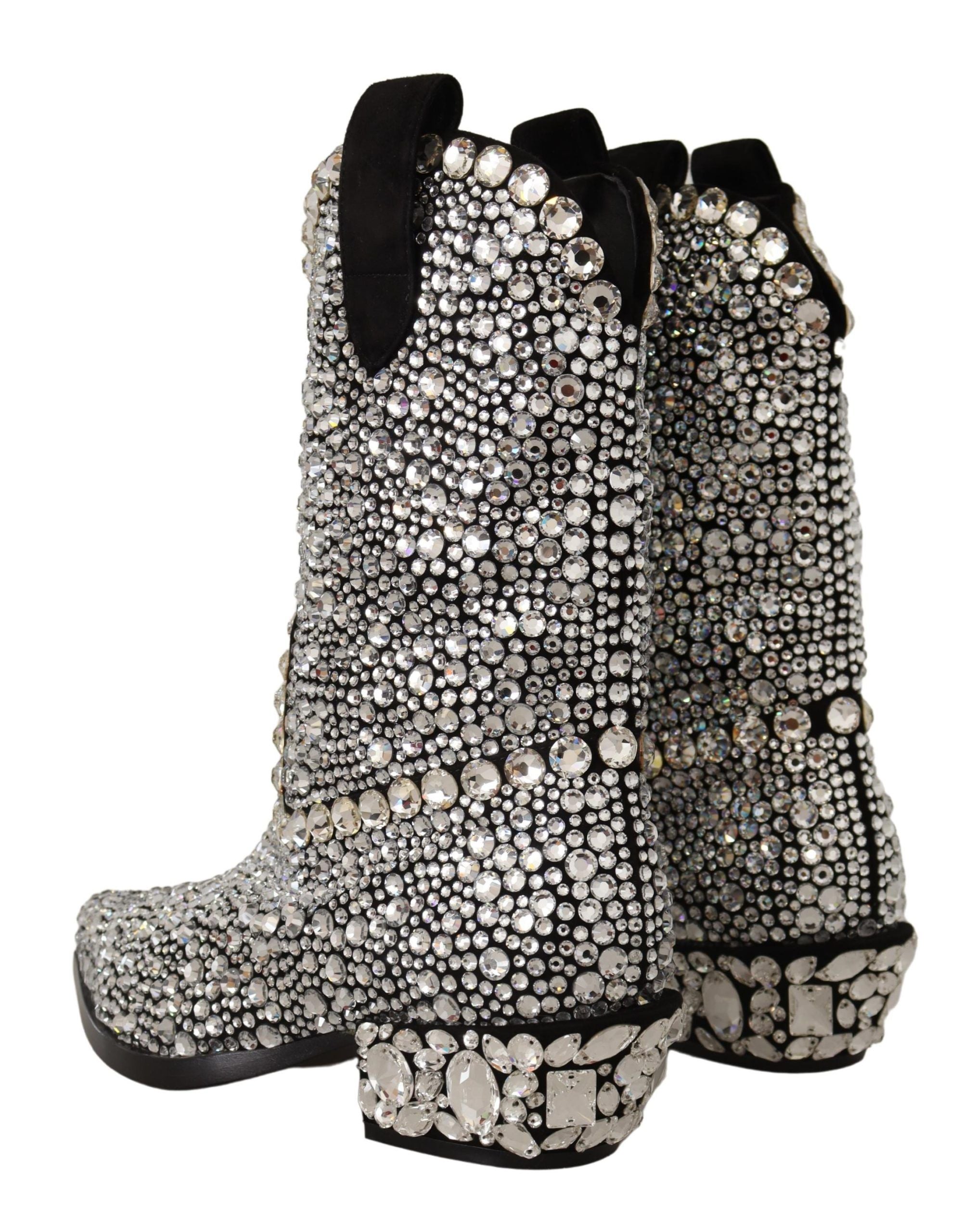 Dolce & Gabbana Schwarzes Wildleder Strass Kristall Cowgirl Stiefel