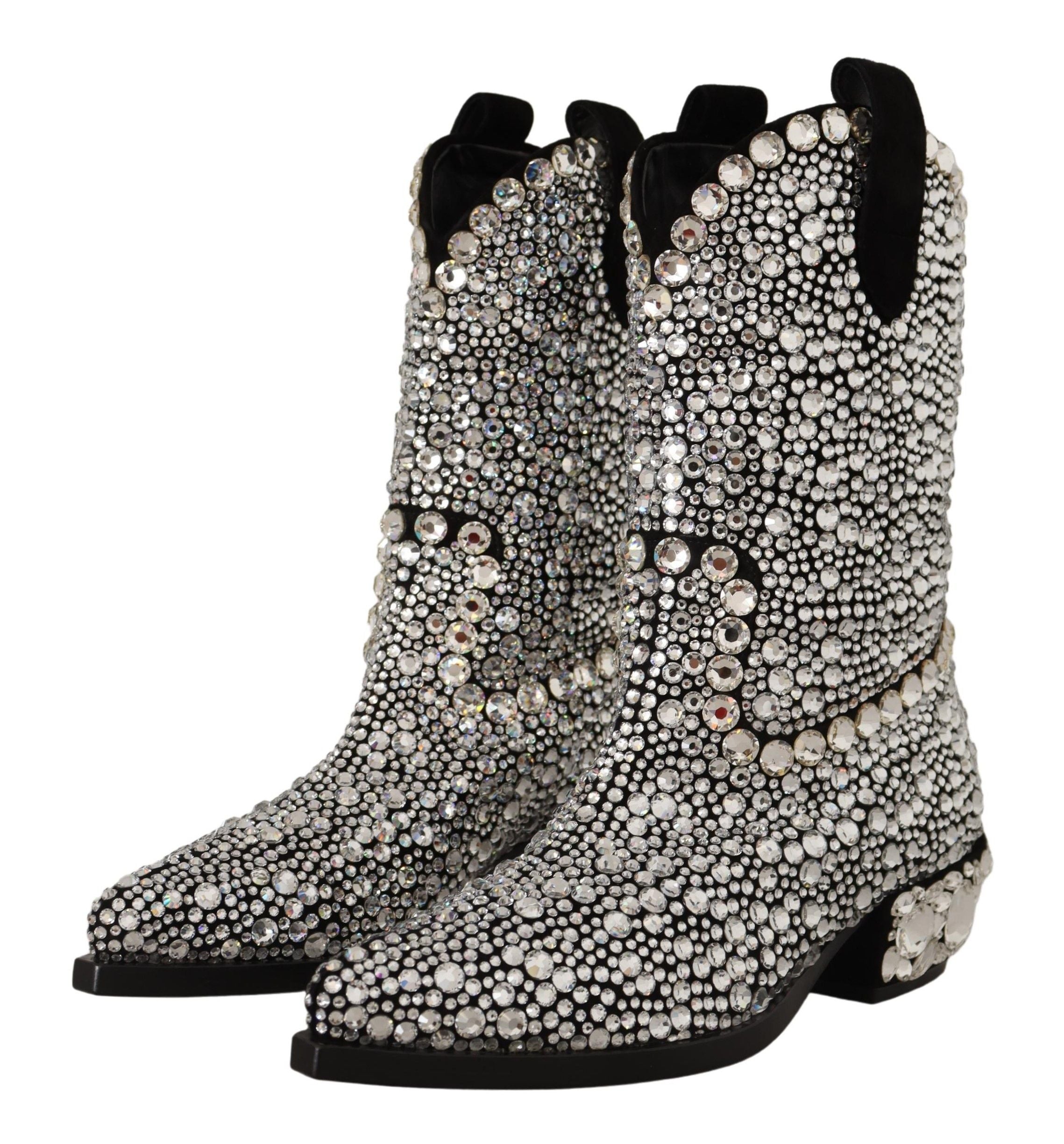Dolce & Gabbana Schwarzes Wildleder Strass Kristall Cowgirl Stiefel