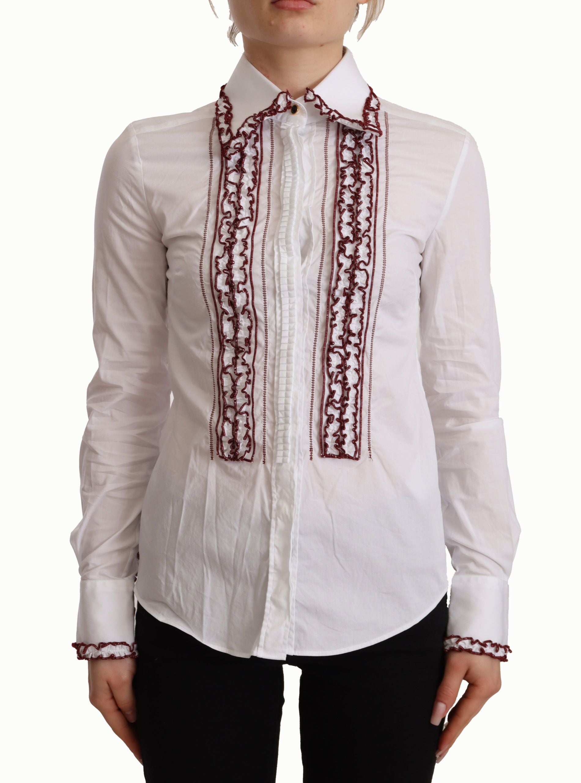 Dolce &amp; Gabbana White cotton lace shirt with long sleeves and gathered collar
