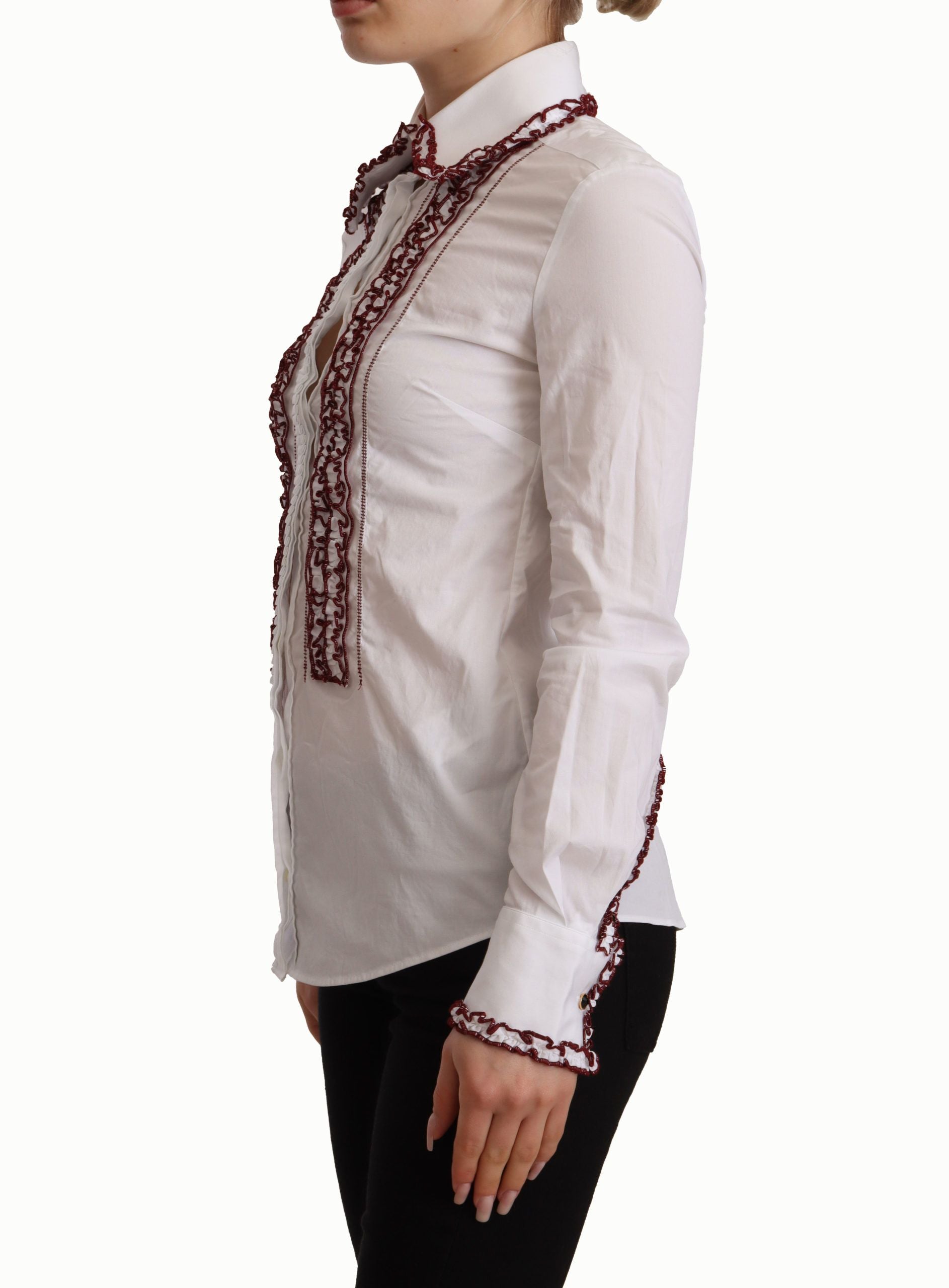 Dolce &amp; Gabbana White cotton lace shirt with long sleeves and gathered collar