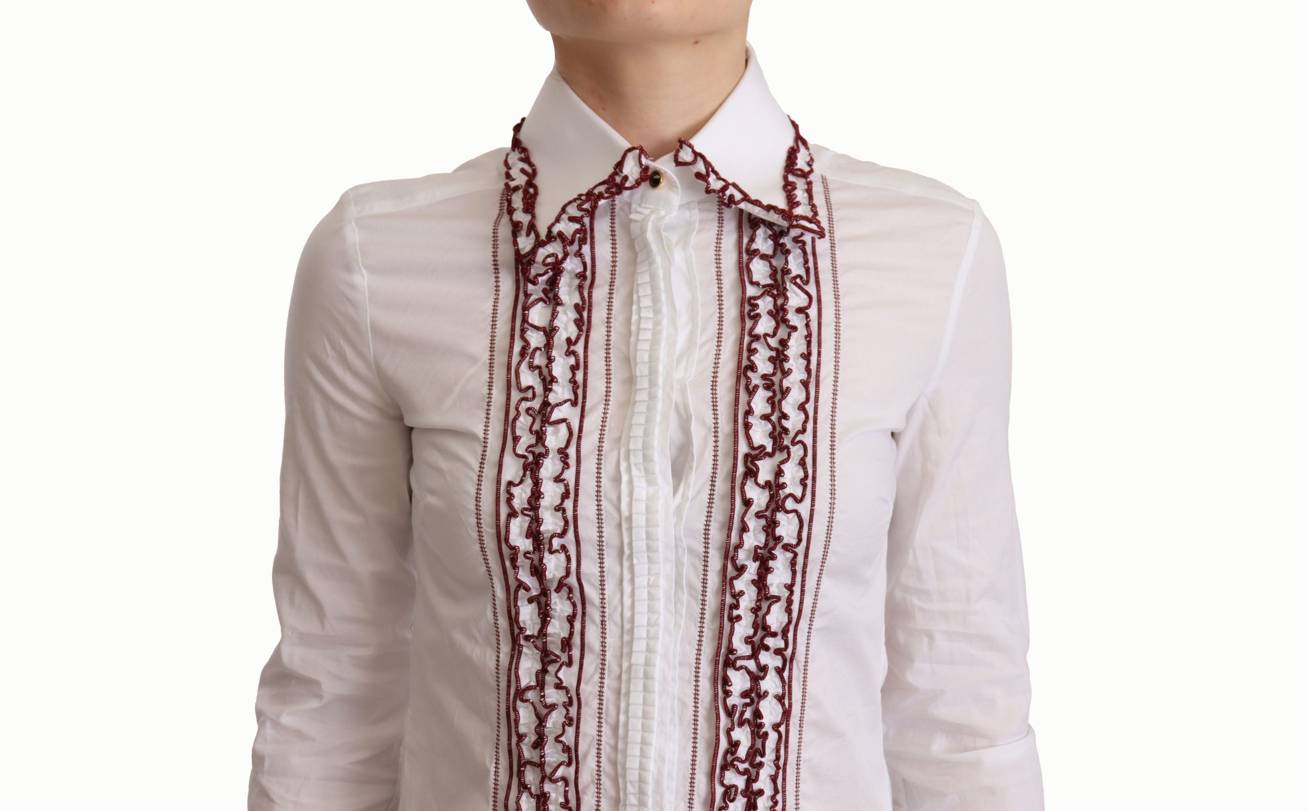 Dolce &amp; Gabbana White cotton lace shirt with long sleeves and gathered collar