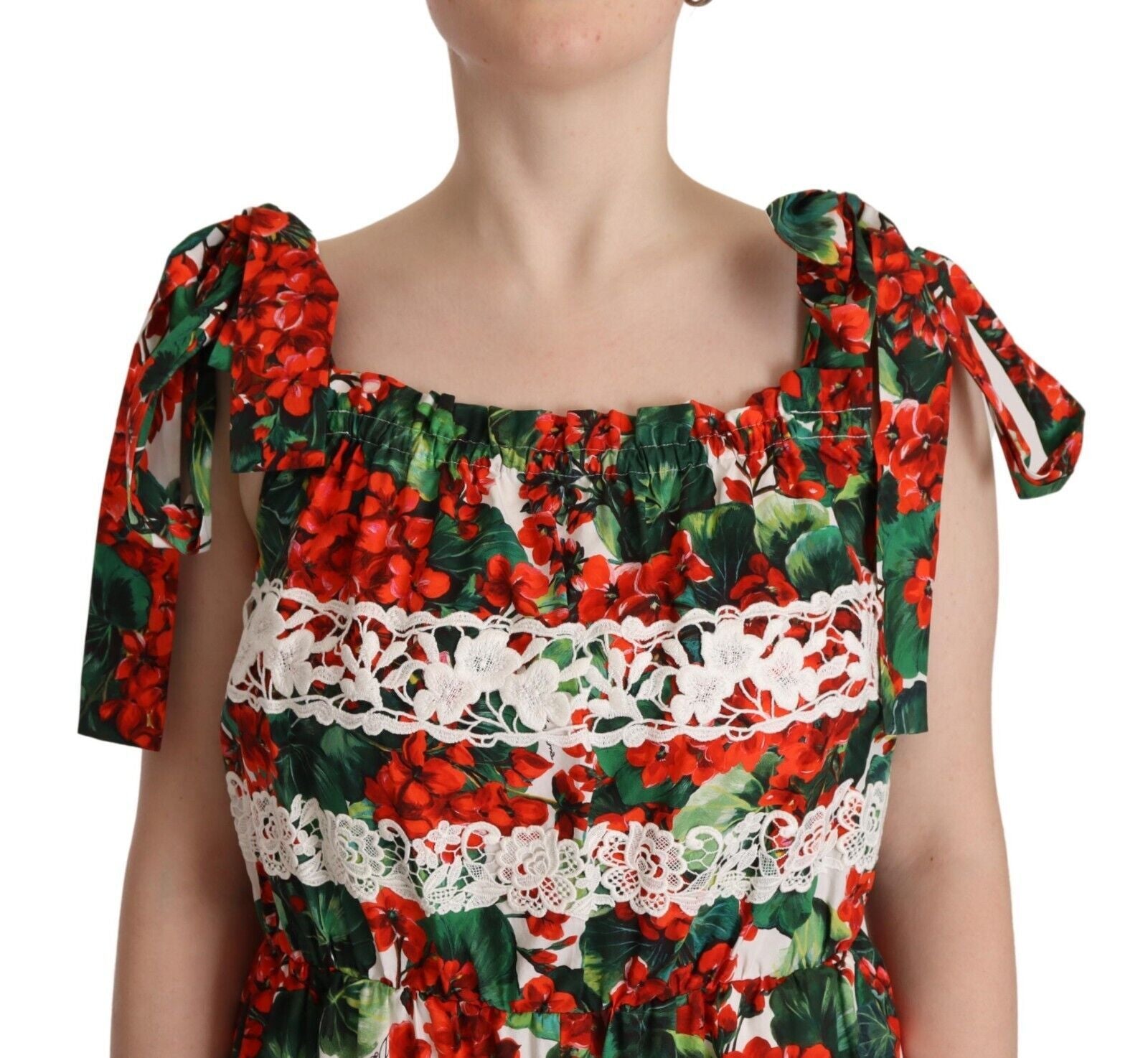Dolce & Gabbana Langes Maxikleid mit mehrfarbigem Geranienprint und Spitze