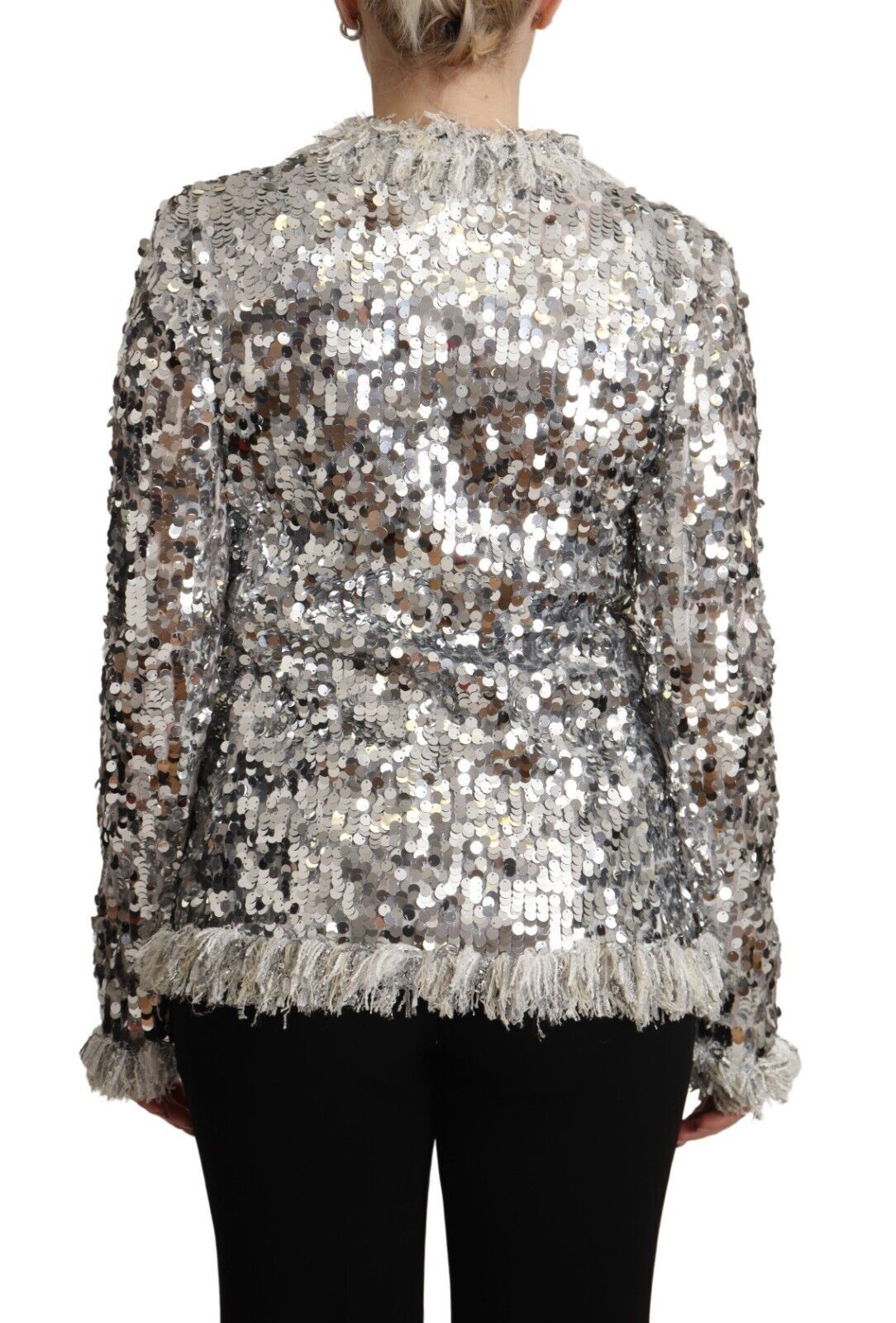 Dolce &amp; Gabbana Silver sequined shearling long-sleeved jacket