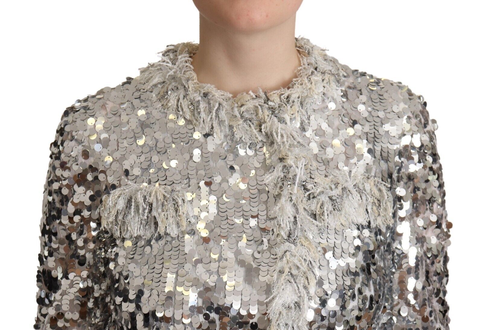 Dolce &amp; Gabbana Silver sequined shearling long-sleeved jacket