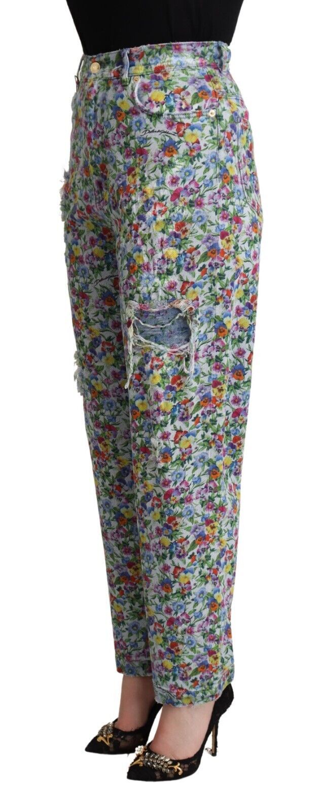 Dolce & Gabbana Blaue Denim-Jeans mit Blumenmuster und hoher Taille