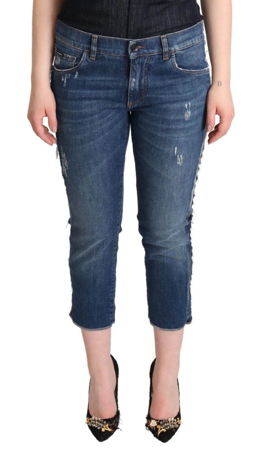 Dolce & Gabbana Blau gewaschene Denim Logo Cropped Jeans mit mittlerer Taille