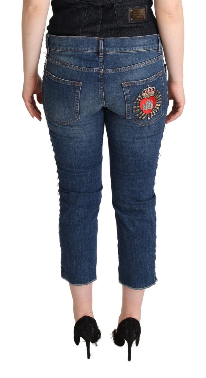 Dolce &amp; Gabbana mavi yıkanmış denim logolu kısa orta bel kot pantolon