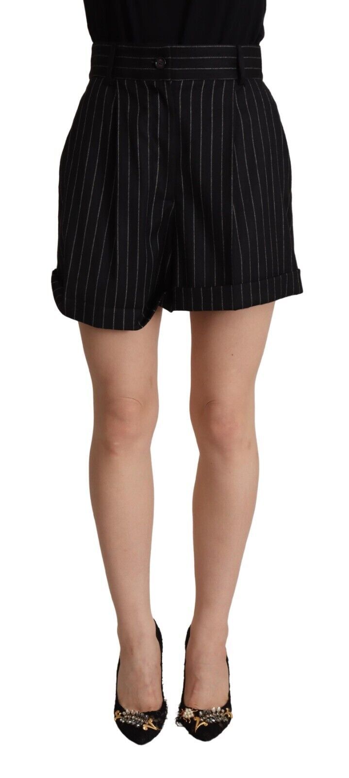 Dolce &amp; Gabbana Black striped high-waisted wool Bermuda shorts