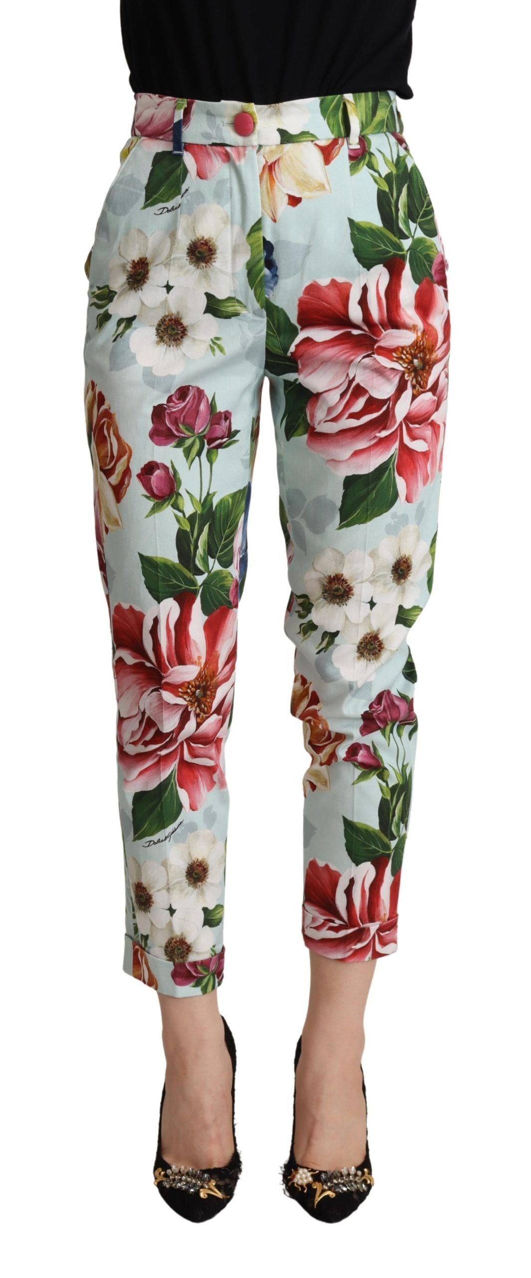 Dolce & Gabbana Hellblaue Hose mit Fiori-Druck aus Baumwolle, konisch zulaufend