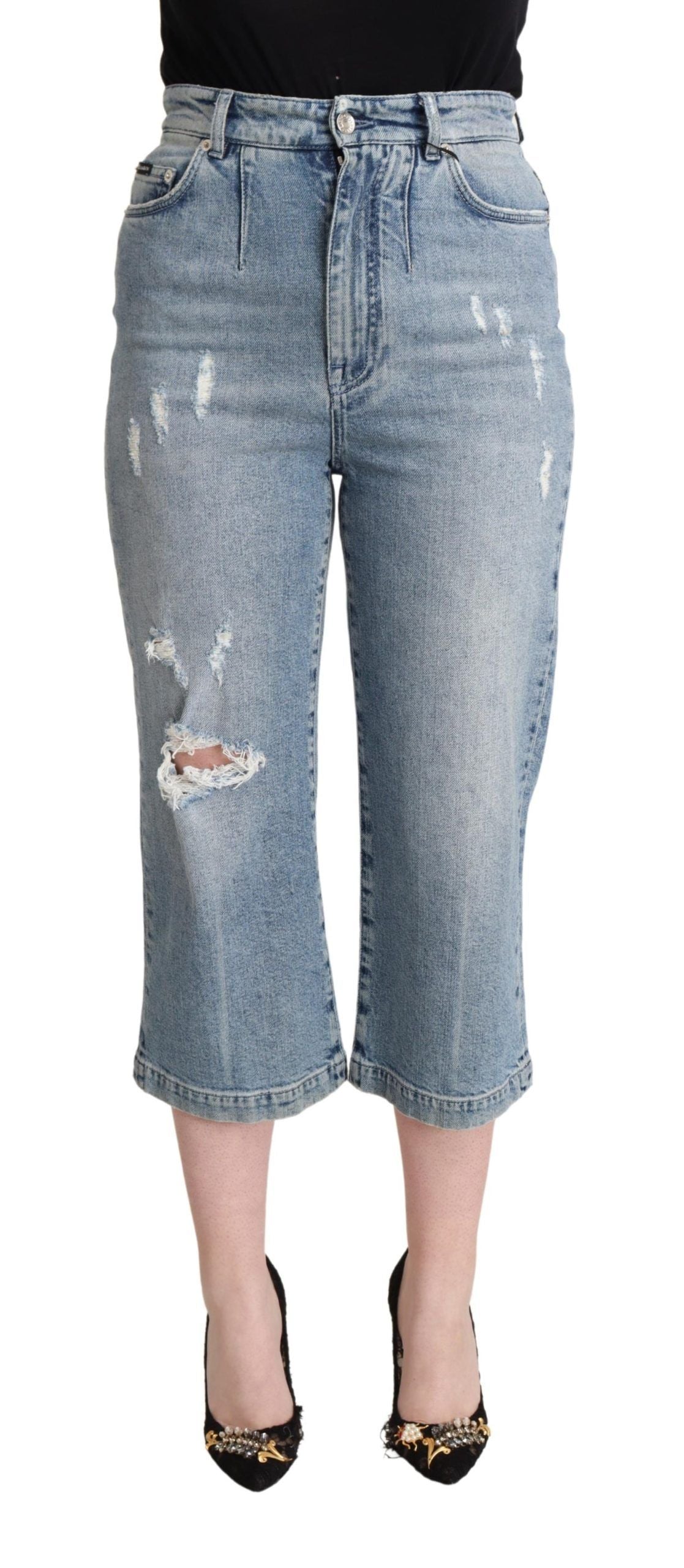 Dolce & Gabbana Blaue Capri-Cropped-Jeans aus zerrissenem Baumwoll-Denim