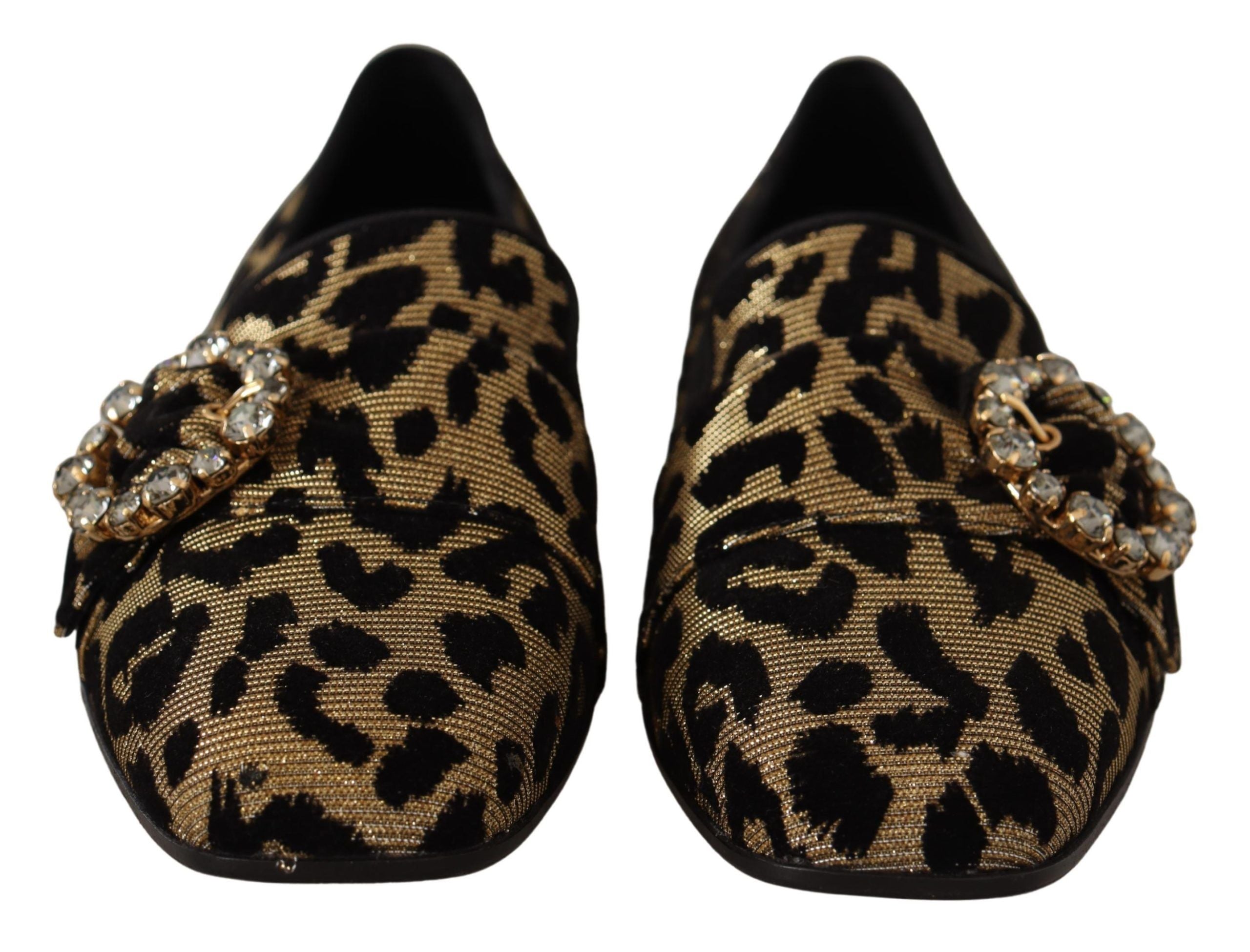 Dolce &amp; Gabbana Gold Leopard Print Crystal Loafers Shoes