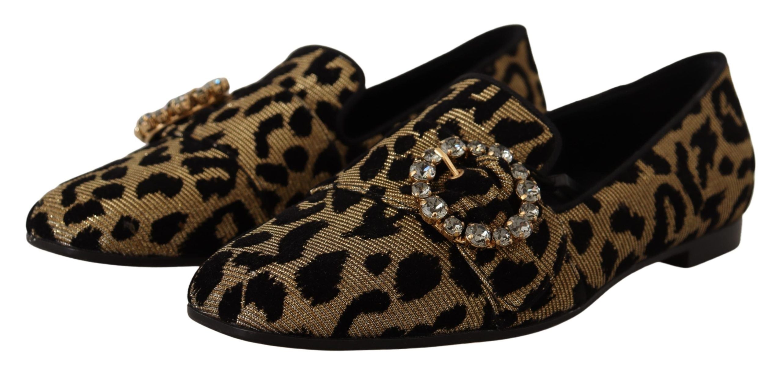 Dolce &amp; Gabbana Gold Leopard Print Crystal Loafers Shoes