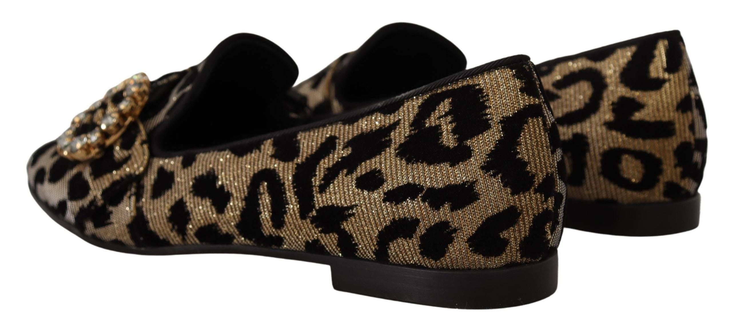Dolce &amp; Gabbana Gold Leopard Print Crystal Loafers Shoes