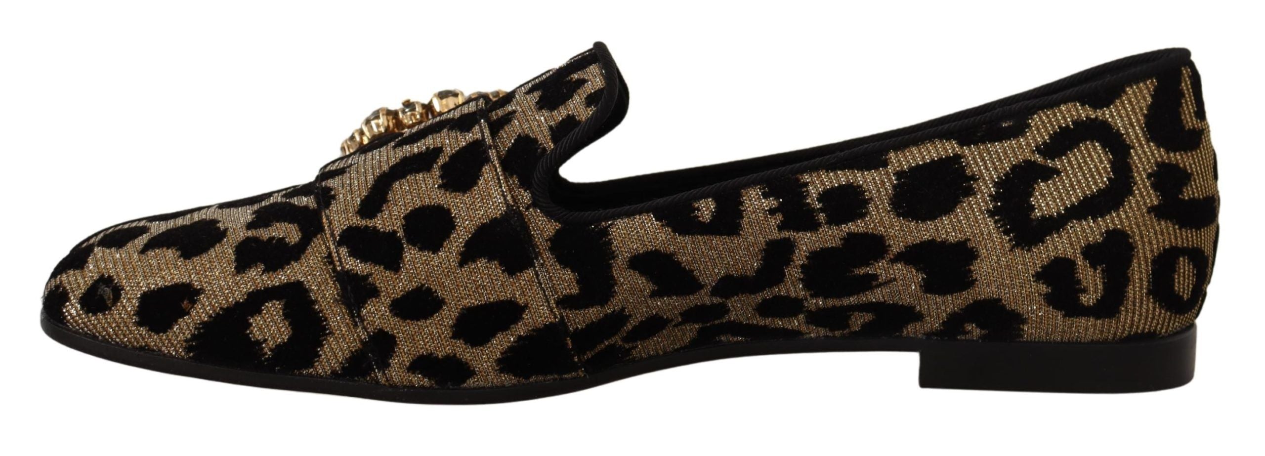 Dolce &amp; Gabbana Gold Leopard Print Crystal Loafers Shoes