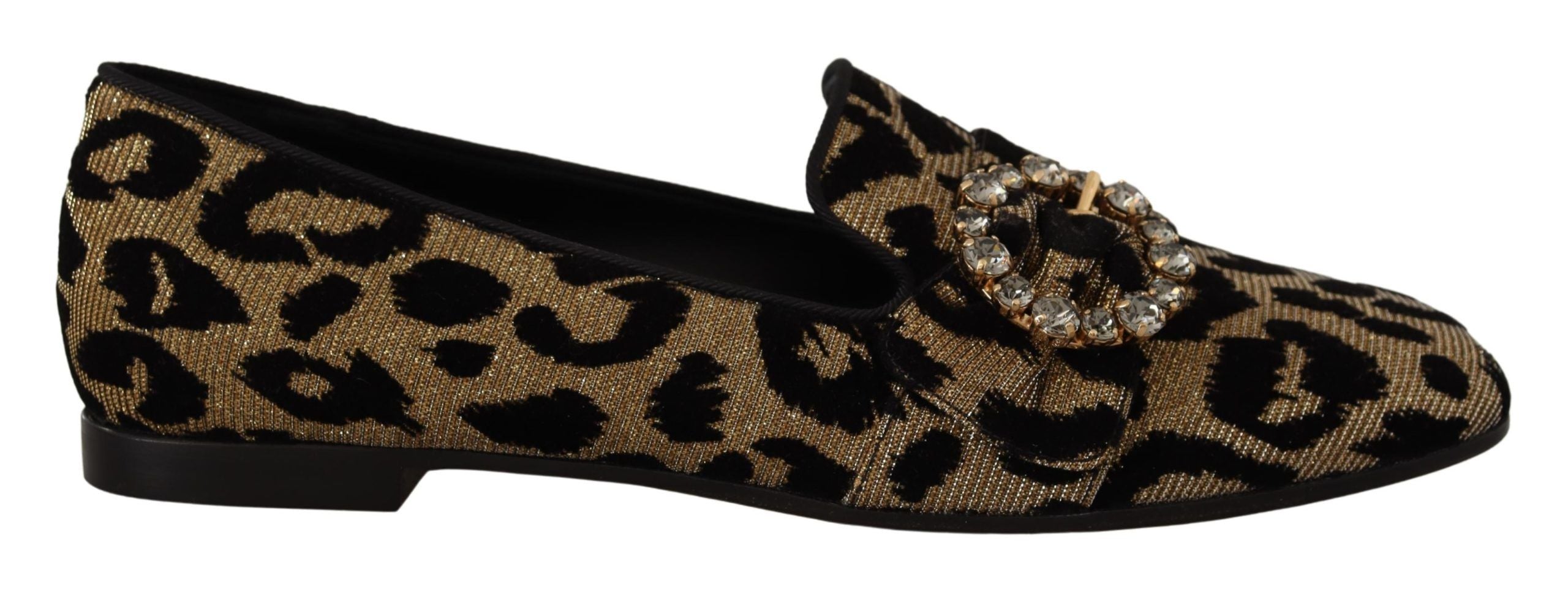 Dolce &amp; Gabbana Gold Leopard Print Crystal Loafers Shoes