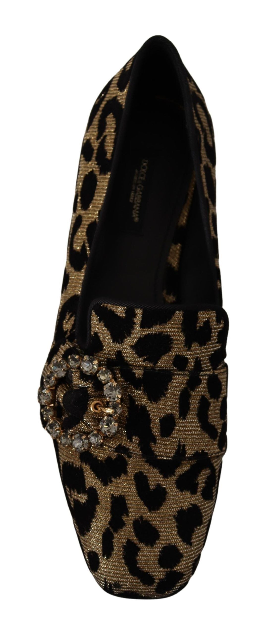 Dolce &amp; Gabbana Gold Leopard Print Crystal Loafers Shoes