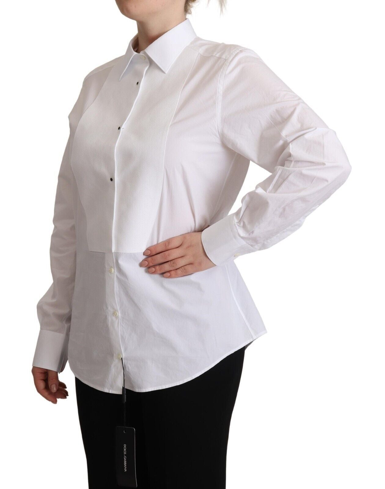 Dolce &amp; Gabbana White Cotton Dress Long Sleeve Collared Shirt Top