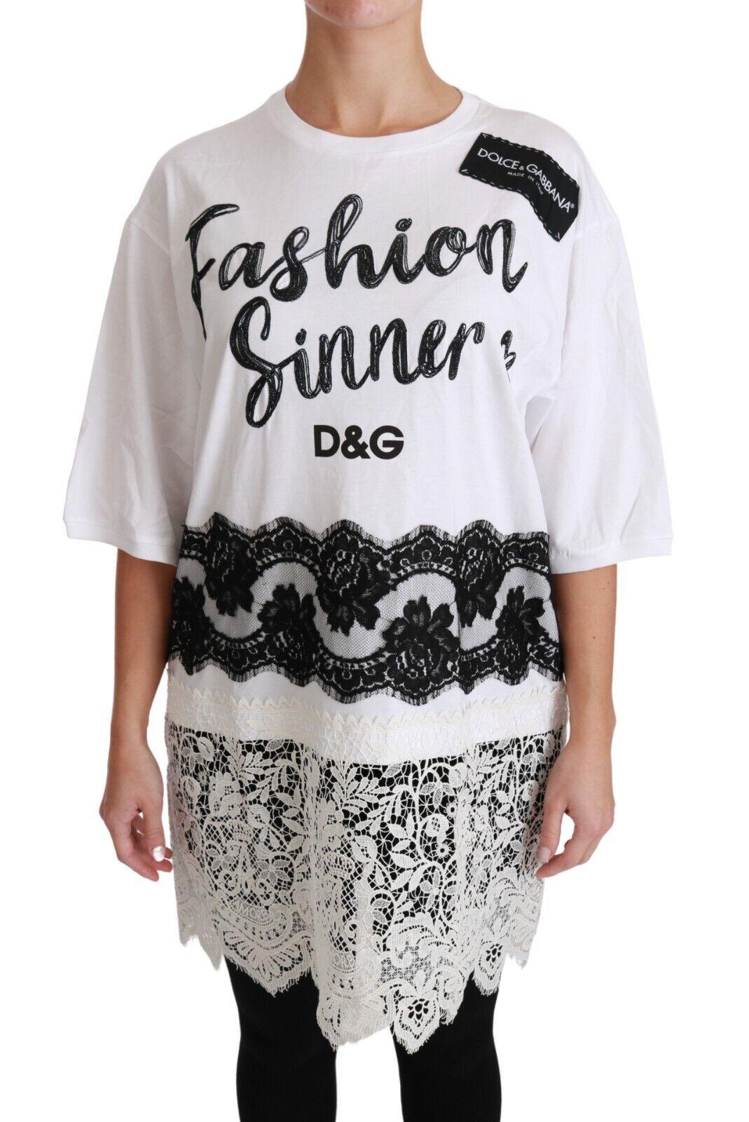 Dolce & Gabbana Weißes Fashion Sinner Baumwoll-Spitzen-T-Shirt-Top