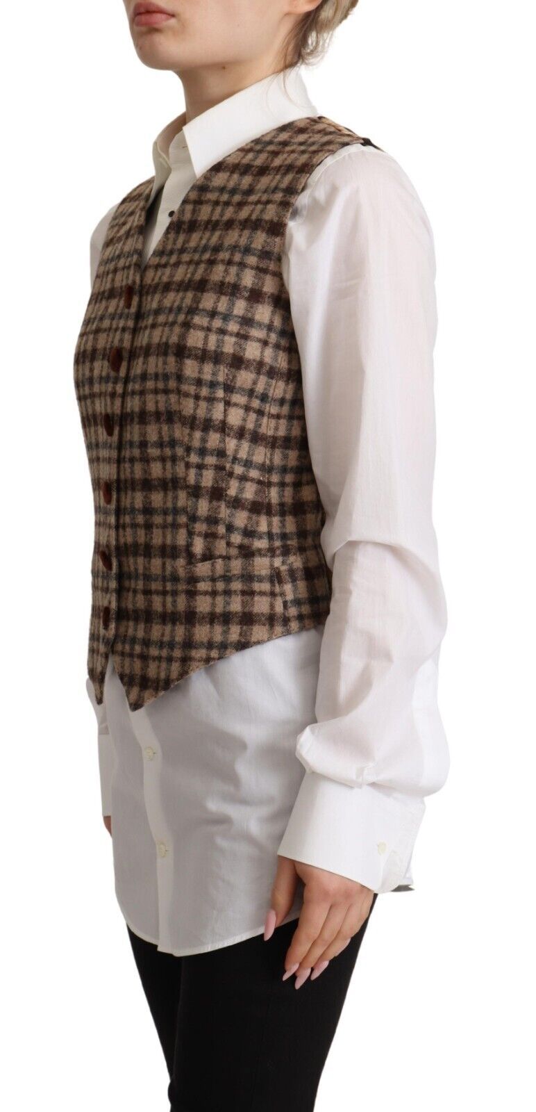 Dolce & Gabbana Braunes kariertes Leopardentop mit V-Ausschnitt und ärmelloser Weste