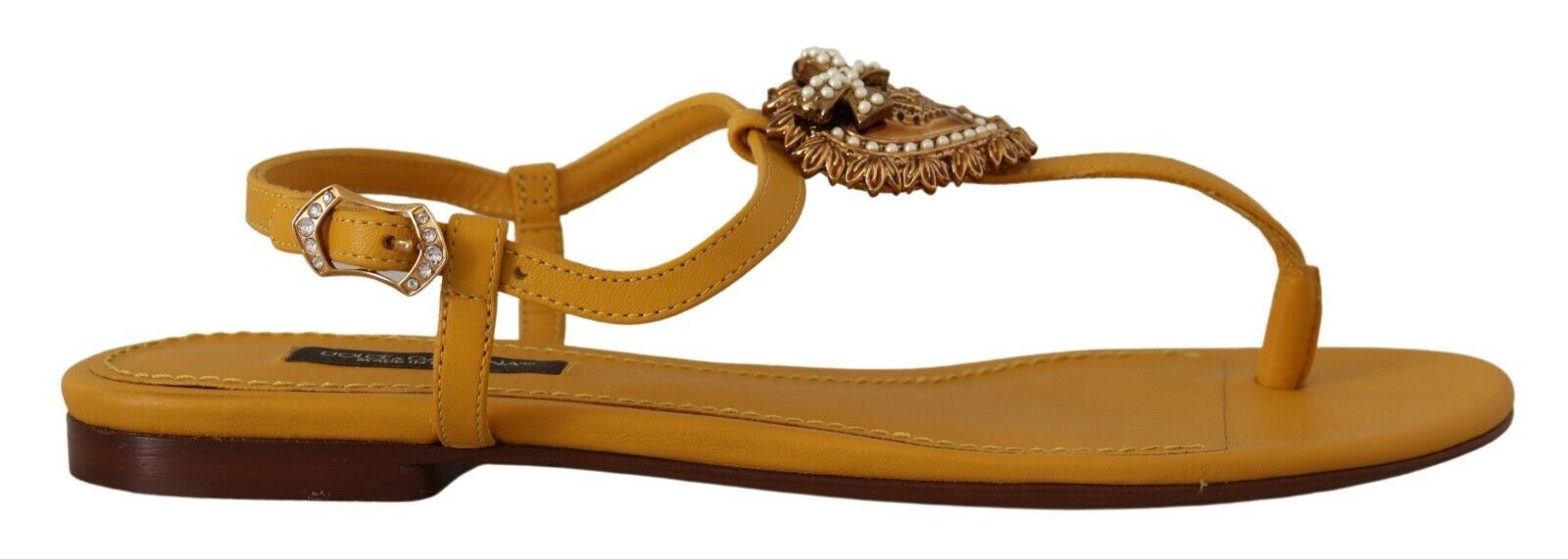 Dolce &amp; Gabbana mustard yellow T-strap flat sandals with heart embellishment