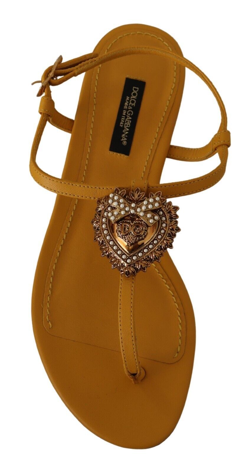 Dolce &amp; Gabbana mustard yellow T-strap flat sandals with heart embellishment