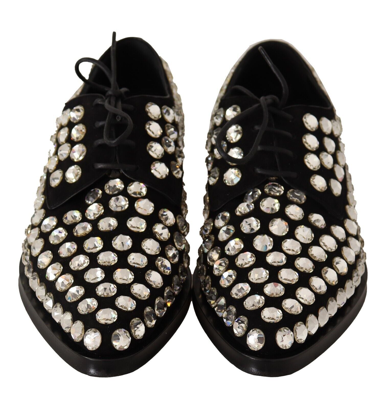 Dolce &amp; Gabbana Black Leather Crystals Lace-up Formal Shoes