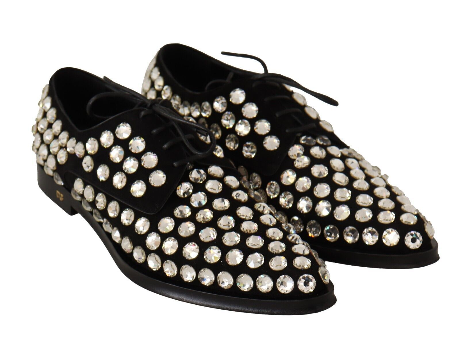 Dolce &amp; Gabbana Black Leather Crystals Lace-up Formal Shoes