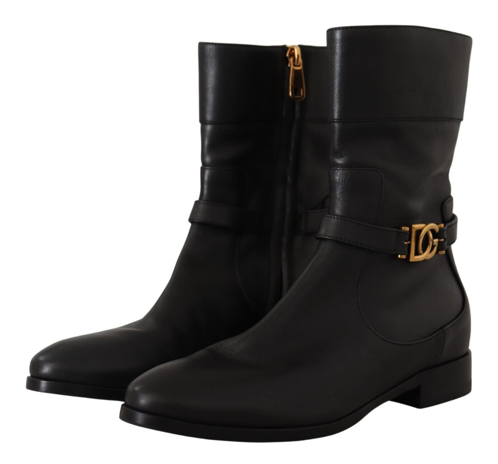 Dolce &amp; Gabbana Black Leather Flats Logo Short Boots Shoes