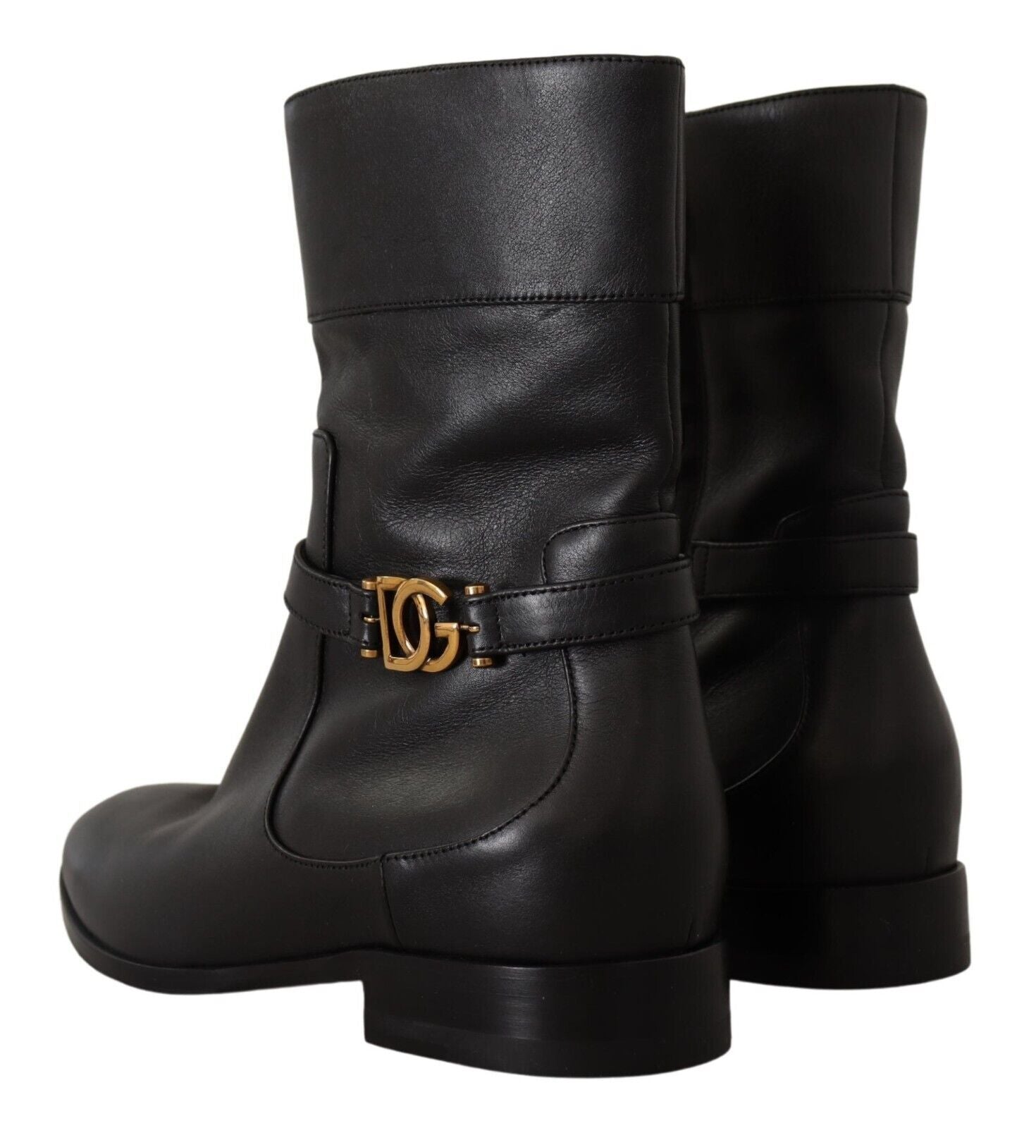 Dolce &amp; Gabbana Black Leather Flats Logo Short Boots Shoes