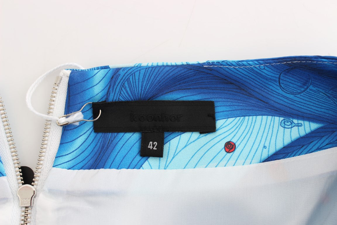 Koonhor Blauer gerader Bleistiftrock mit Schößchen und Fresko-Print