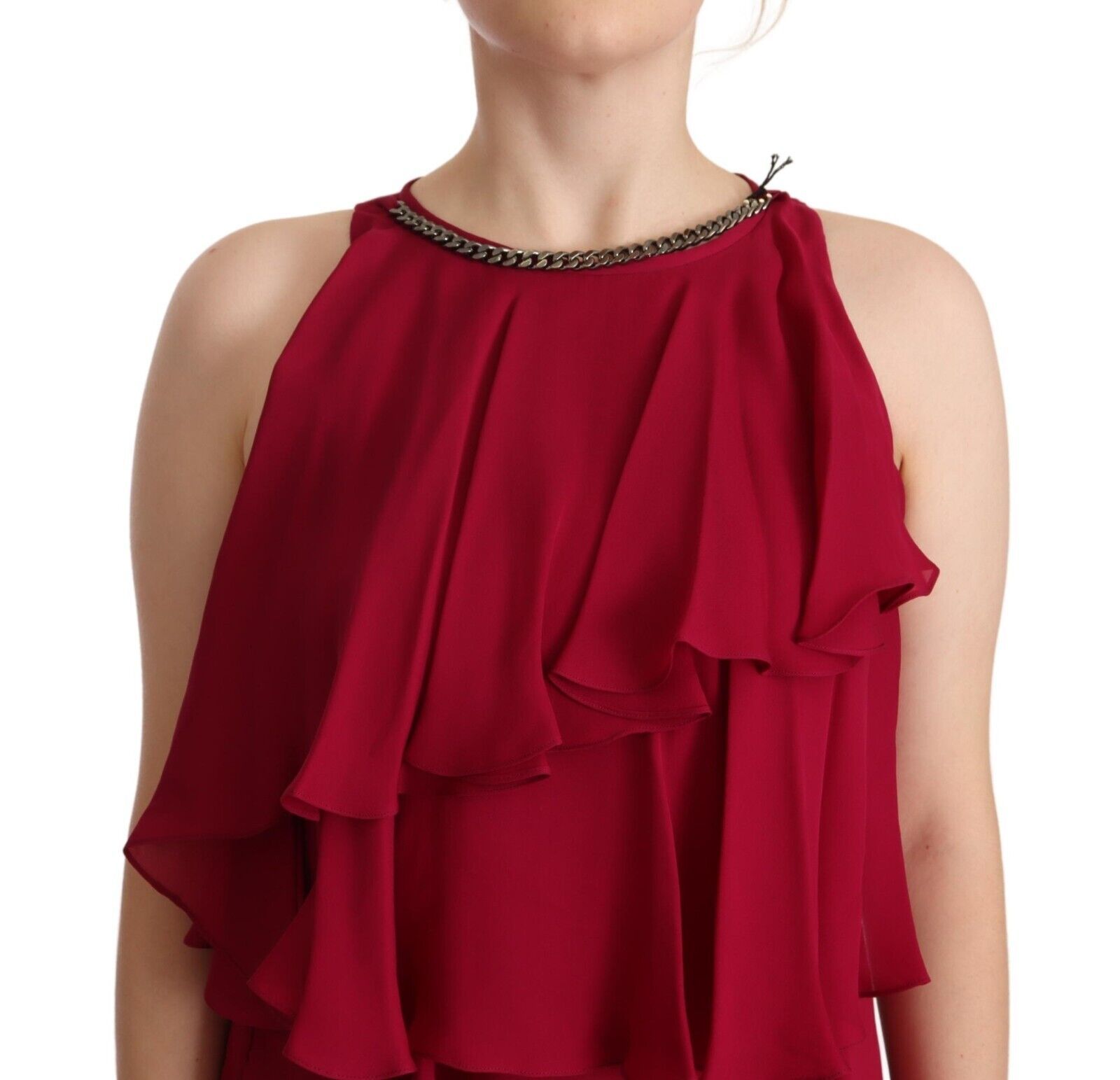 PLEIN SUD Orchidee Seidenes ärmelloses langes Maxi-Rüschen-Schiebekleid