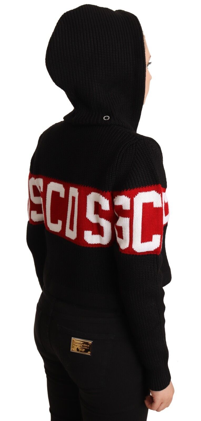 GCDS Logolu hırkalı siyah kaşmir düğmeli kapüşonlu ceket