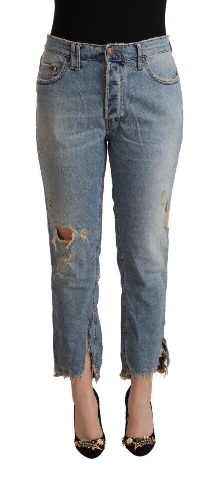 CYCLE Hellblaue Distressed Mid Waist Cropped Denim Jeans