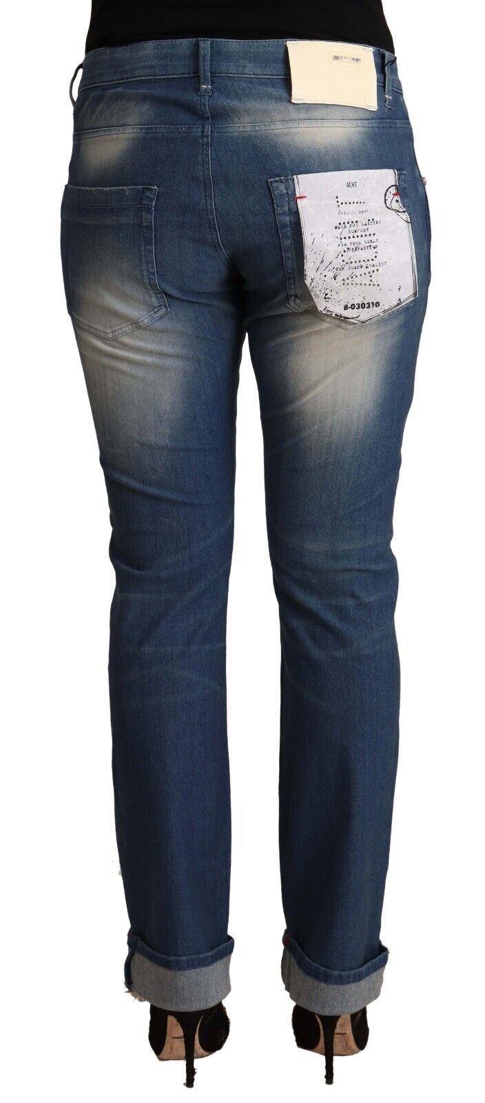 Eight blue washed skinny jeans with a folded hem and mid waist