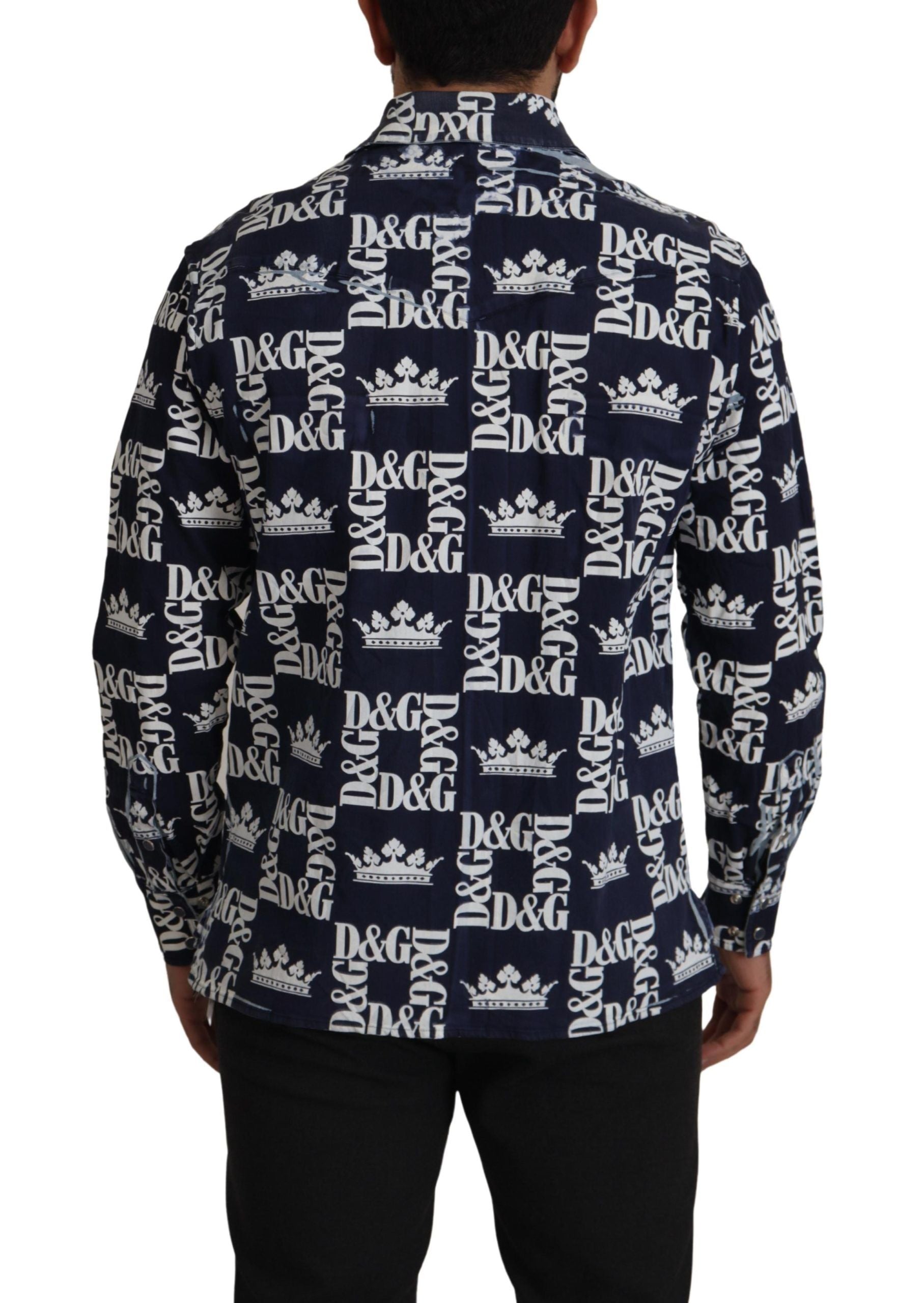 Dolce &amp; Gabbana Blue Denim Stretch DG Crown Logo Casual Shirt