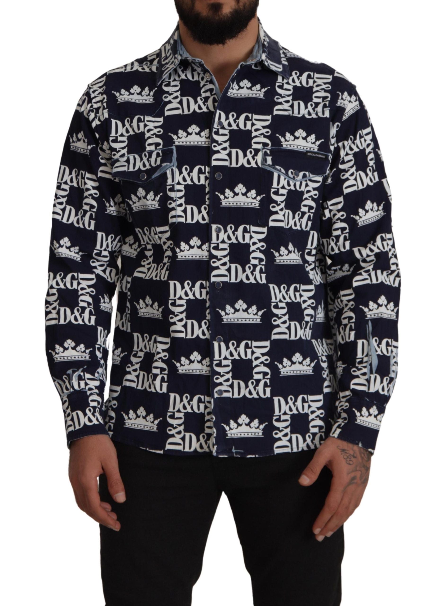 Dolce &amp; Gabbana Blue Denim Stretch DG Crown Logo Casual Shirt