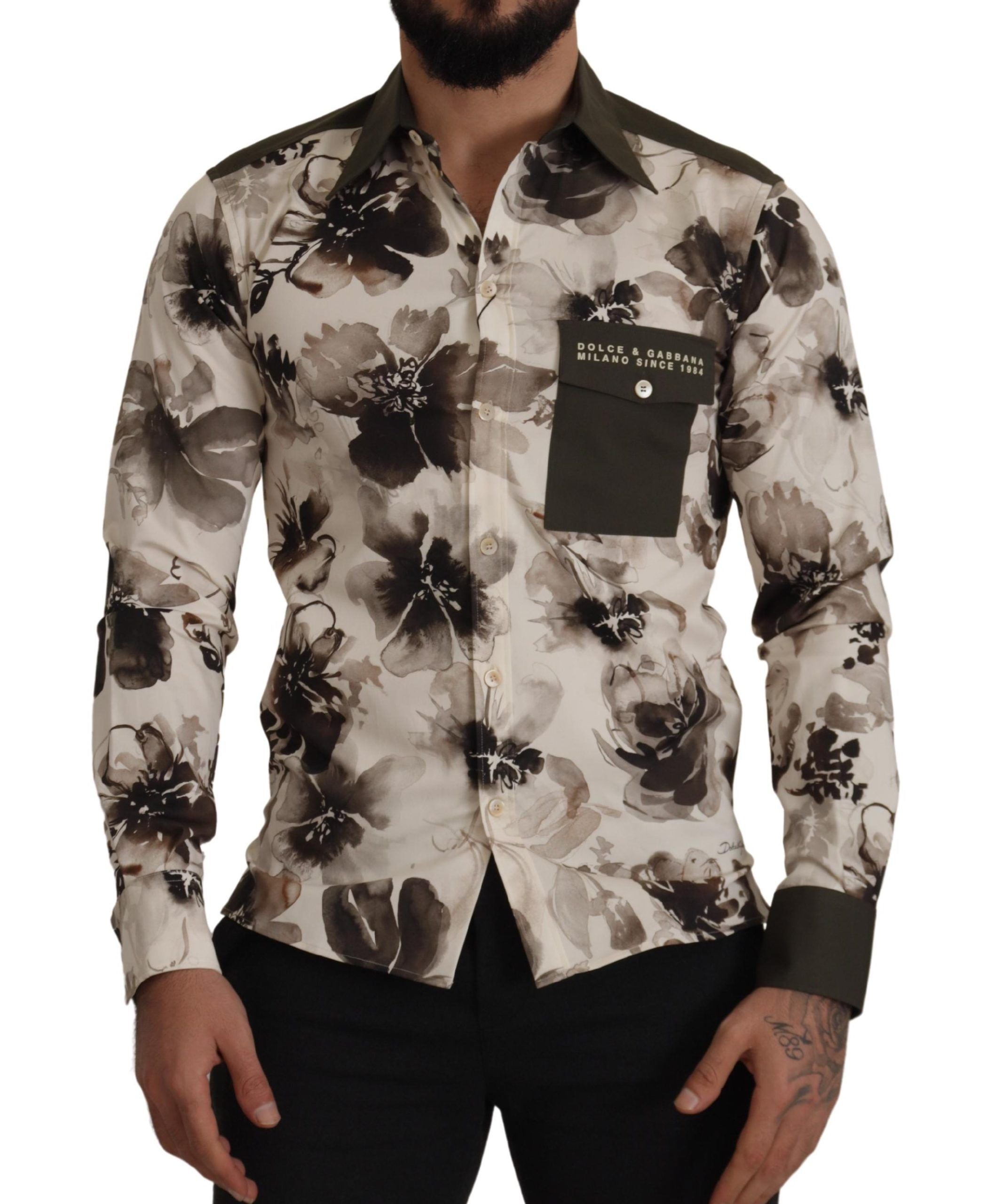 Dolce &amp; Gabbana Green Beige Floral Cotton Stretch Exclusive Shirt