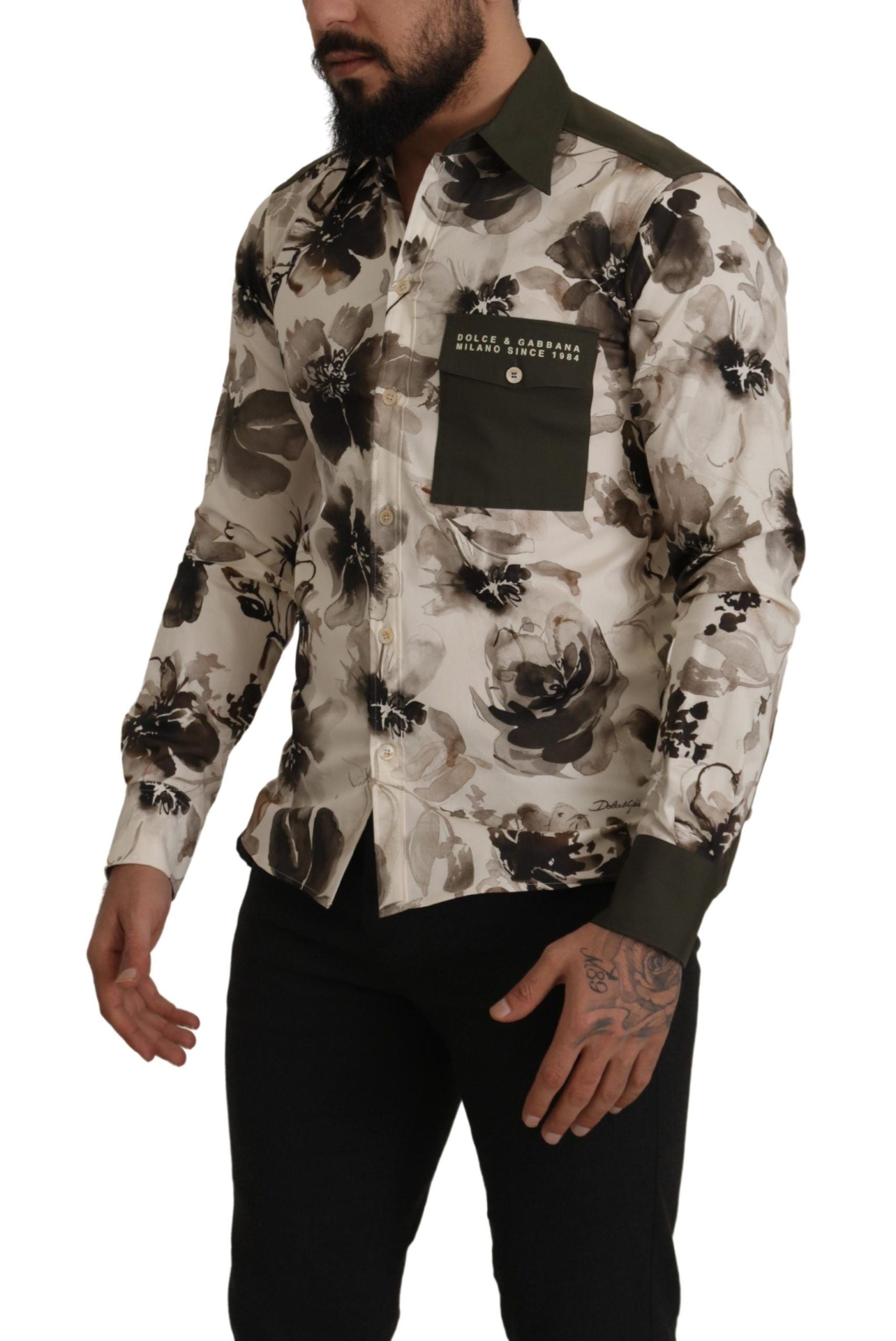 Dolce &amp; Gabbana Green Beige Floral Cotton Stretch Exclusive Shirt
